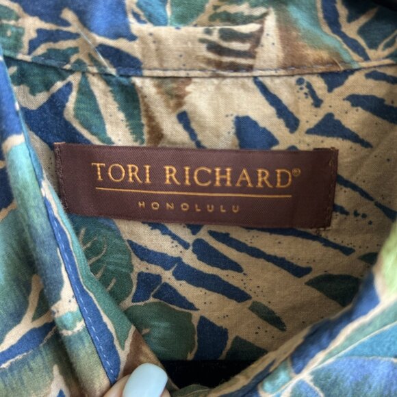 Tori Richard Vintage Hawaiian Green Blue Palm Leaf Print Cotton Lawn Aloha Shirt - Picture 3 of 9